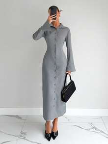 Siren Gaze 秋季新款通勤衬衫裙女装灰色系列连衣裙复古高端风 - 灰色 - 查看 3