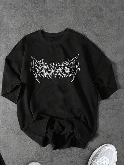 Manfinity Sport Corelite T-shirt de sport à manches courtes, col rond, coupe ample avec imprimé lettres gothiques pour hommes