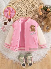 SHEIN 1 Áo khoác bóng chày dáng rộng phối màu thời trang thu/đông mới cho bé gái, in hình gấu phía trước, giản dị và dễ thương - Hồng - Xem 4