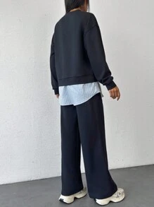 EURMUSE Cotton Fashionable Patchwork Sweatshirt & Sweatpants Set - Navy Blue - View 2