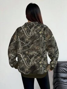 INAWLY Women's Hoodie / Half-Zip Casual Crew Neck Sports Top / Full-Print Leaf Pattern / Digital Printing Technology / Loose-Fit Women's Casual Sports Top / Autumn-Winter Style Fall Cloth For Women