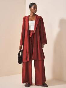 Zivah 2025春秋新款优雅通勤休闲派对宽松纯色红棕色长袖西装外套亚麻材质长外套和亚麻系腰阔腿裤女款两件套 - 棕色 - 查看 6