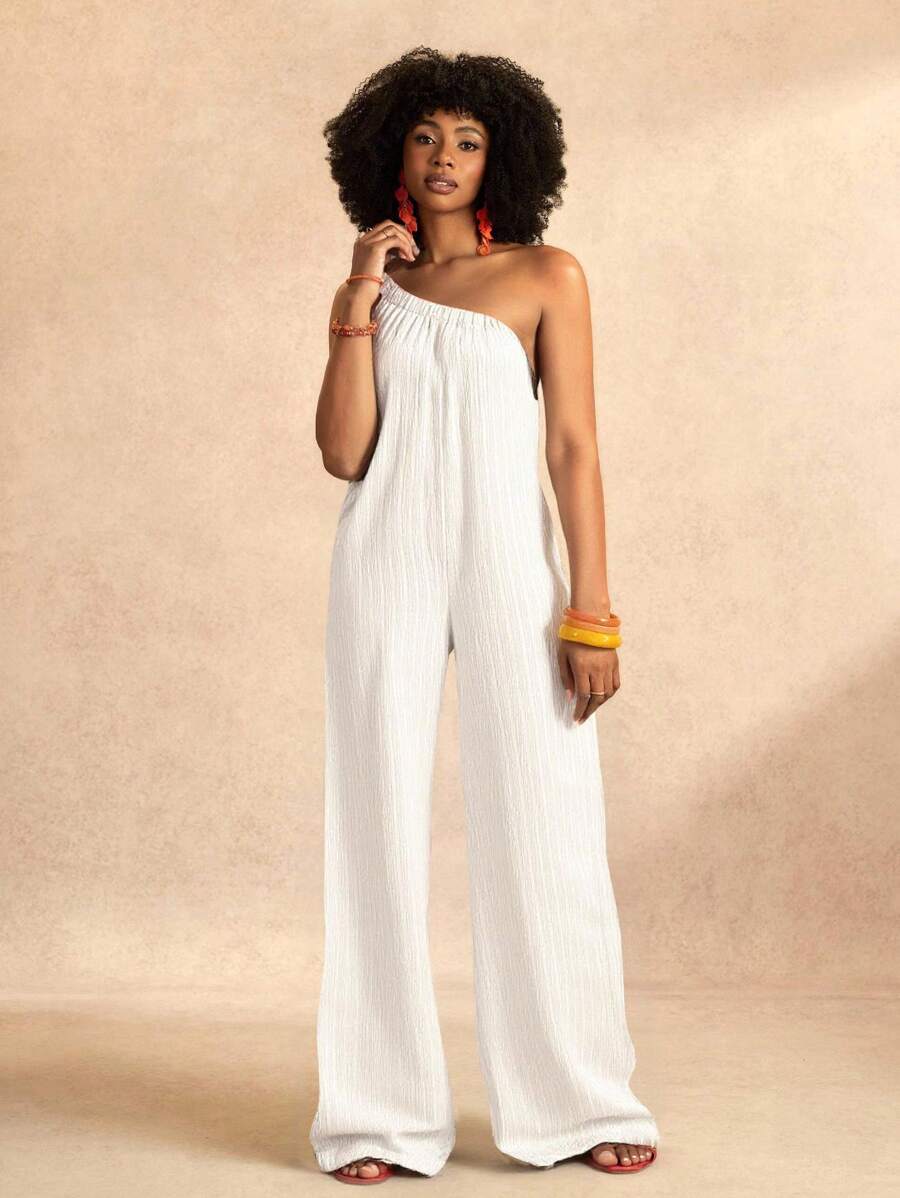 Slaydiva 夏季新款女士休闲百搭宽松绿色纹理面料无袖连体裤，适合日常穿着、度假、巡游、海滩、日光浴 - 白色 - 查看 1