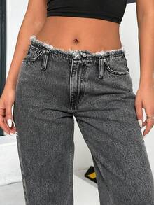 CasuGlow 女式低腰磨边口袋宽腿宽松休闲牛仔裤 - 黑色 - 查看 3