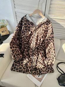 SHEIN EZwear Plus Size Leopard Print Drawstring Hooded Jacket, Casual For Spring And Autumn Winter Fall - Multicolor - View 1