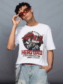 Transformers X SHEIN Men's Casual Fashion Street Robot & Letter Print Short Sleeve White T-Shirt, Summer - White - View 4