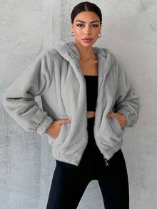 EURMUSE Slant Pockets Drop Shoulder Drawstring Hem Hooded Teddy Jacket Streetwear - Light Grey - View 4