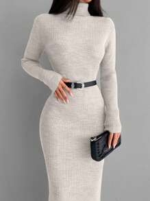 EURMUSE Solid Turtleneck Bodycon Sweater Dress Without Belt - Apricot - View 3