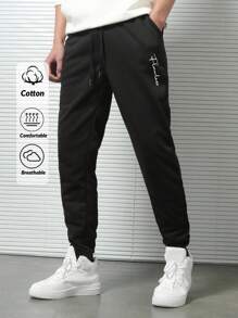 EURMUSE Cotton Men Letter Graphic Drawstring Waist Sweatpants