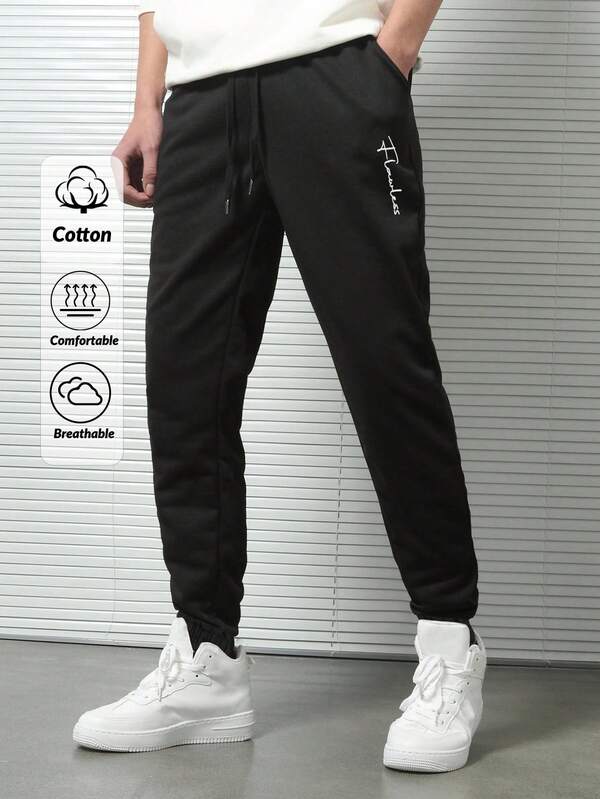 Cotton Men Letter Graphic Drawstring Waist Sweatpants