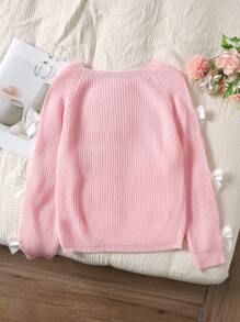SHEIN Tween Girl Casual Round Neck Long Sleeve Hollow Bow Knit Sweater, Autumn/Winter Fall - Baby Pink - View 2