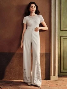 Anewsta 女士水钻装饰阔腿正装裤，时尚通勤，秋冬适用 - 杏色 - 查看 3