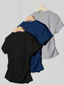 Set de 3 camisetas de manga corta ajustadas y fruncidas de estilo casual y versátil para mujer, adecuadas para el verano - Multicolor - Ver 2