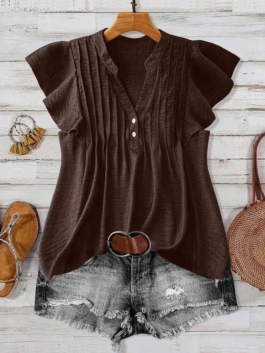Linhara Plus Size LUNE Women's Plus Size Casual Holiday Shirt With Button Decor - Coffee Brown - View 1