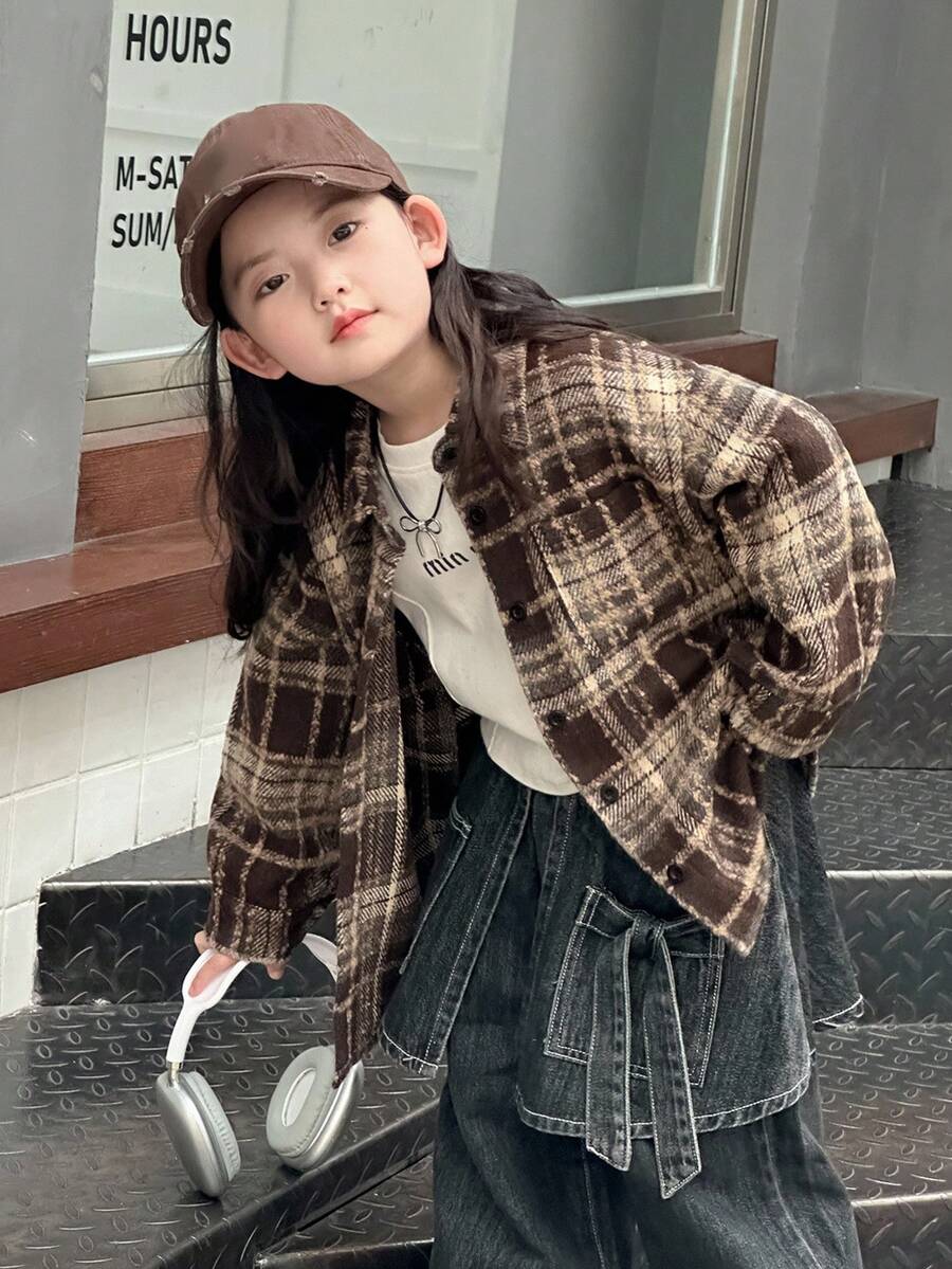 DAZY 少女格纹休闲长袖百搭夹克 秋冬 - 駝色 - 查看 1