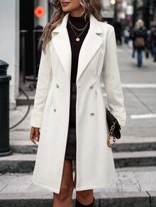 SHEIN LUNE 纯色双排扣休闲外套，秋冬季女装 - 白色 - 查看 6