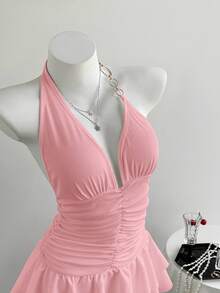 Flirla Black Ribbed Knit Woven Patchwork Metal Chain Decor Deep V Neck Backless Bodycon Ruched Hem Layered Ruffle Hem Super Mini Dress, Sexy Chic For Vacation, Party, Daily, Dating, Versatile For Women In Summer - Pink - View 4