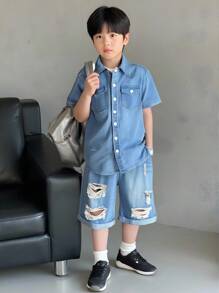 Denimly Boys' Versatile Casual Outdoor Street-Style Denim Set: Washed Denim Shirt With Collar, Elastic Waist Zipper Short Pants - Distressed Ripped Denim Look