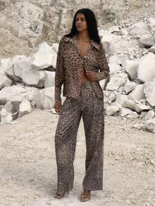 MUSERA Pantalones rectos con detalle de pliegue a medida con estampado de leopardo para ocasión de noche, elegante, otoño, Navidad, Año Nuevo, fiesta