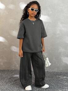 Coolane 青少年女孩棕色抽绳休闲直筒运动裤和纯色罗纹长袖 T 恤，两件套，秋冬 - 灰色 - 查看 3