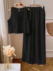 2pcs/Set Women Solid Color Vest And Pants Set - Black - View 4