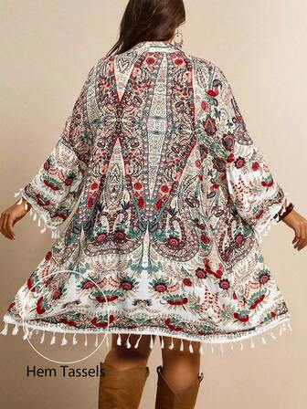 Freevana Plus Size Tassel Detail Kimono Cardigan