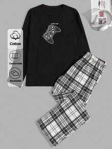 RueChic 男士舒适休闲印花长袖 T 恤和格子长裤睡衣套装