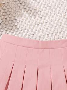 Young Girl Fashionable Versatile Solid Color Pleated Fitted Casual Skirt,Herbst - Pink - View 3