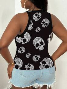 Slaydiva 万圣节加大码女式骷髅印花圆领紧身吊带背心和背心，适合夏季、万圣节服装、Y2K、街头服饰 - 彩色 - 查看 2