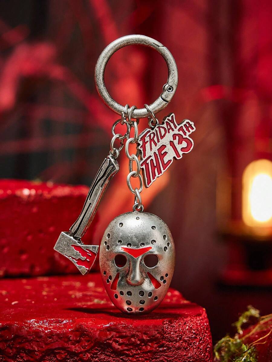 WB Horror X SHEIN Móc khóa mặt nạ 3D bằng hợp kim kẽm bạc cổ điển, mặt dây chuyền hình túi xách - Màu Bạc Cổ - Xem 1