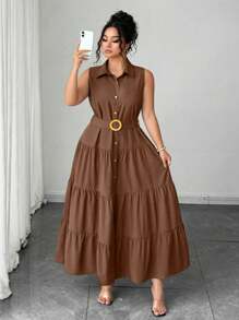 Elenzga 大码女式纯色休闲通勤前扣无袖衬衫裙，褶皱长裙，夏季 - 棕色 - 查看 4