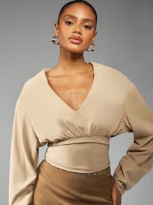 MISSGUIDED Langarm V-Ausschnitt gerafftes Empire Taille Bluse, elegante Taille Raffung Top für besondere Anlässe, Herbst-Winter Mode Statement-Piece - Khaki - Übersicht 5