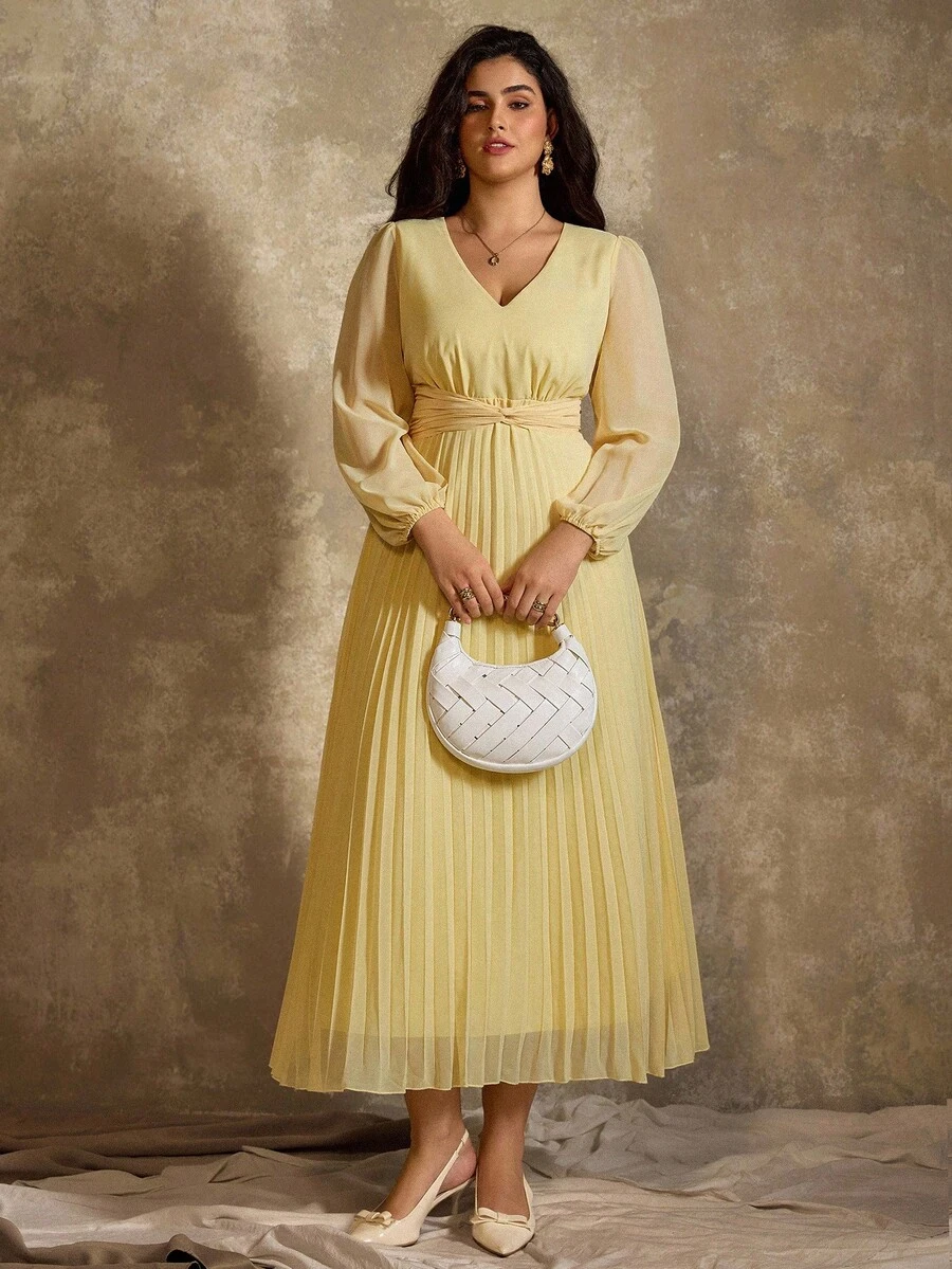 Roveilla 大码秋冬百褶扭纹休闲优雅连衣裙 - 黃色 - 查看 1