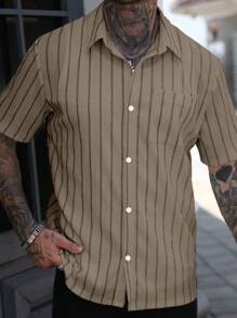 Manfinity Homme Men's Summer Casual Striped Textured Short Sleeve Shirt - Khaki - View 4