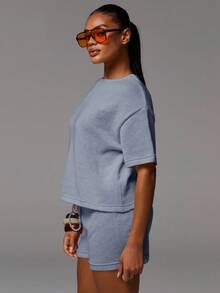 Athîral 女士针织休闲两件套T恤和短裤套装 - 藍色 - 查看 4