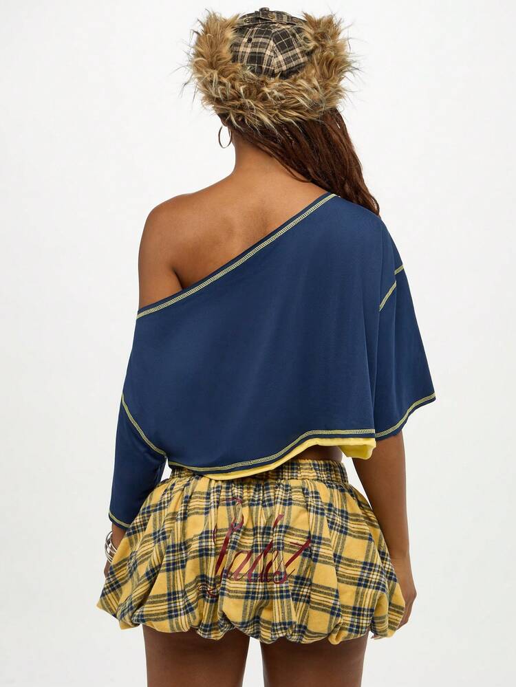 SUMWON WOMEN Off Shoulder Cropped T-Shirt With Varsity Numbers And Stars