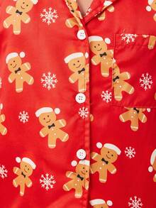 SHEIN 女孩姜饼和雪花印花勃艮第圣诞睡衣套装，长袖上衣和裤子，阻燃 - 酒紅色 - 查看 7