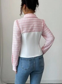 SHEIN Clasi 女士优雅浪漫扭腰修身衬衫，适合秋季返校穿着 - 粉色 - 查看 2