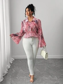 Elenzga Plus Size Women's Tie-Dye Drop Shoulder Long Sleeve Single-Breasted Loose Fashion Shirt