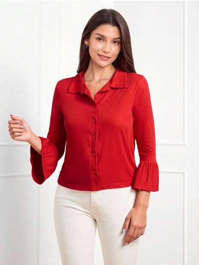 SHEIN LUNE تي شيرت كاجوال للنساء بأكمام واسعة وأزرار أمامية بلون أحادي بسيط