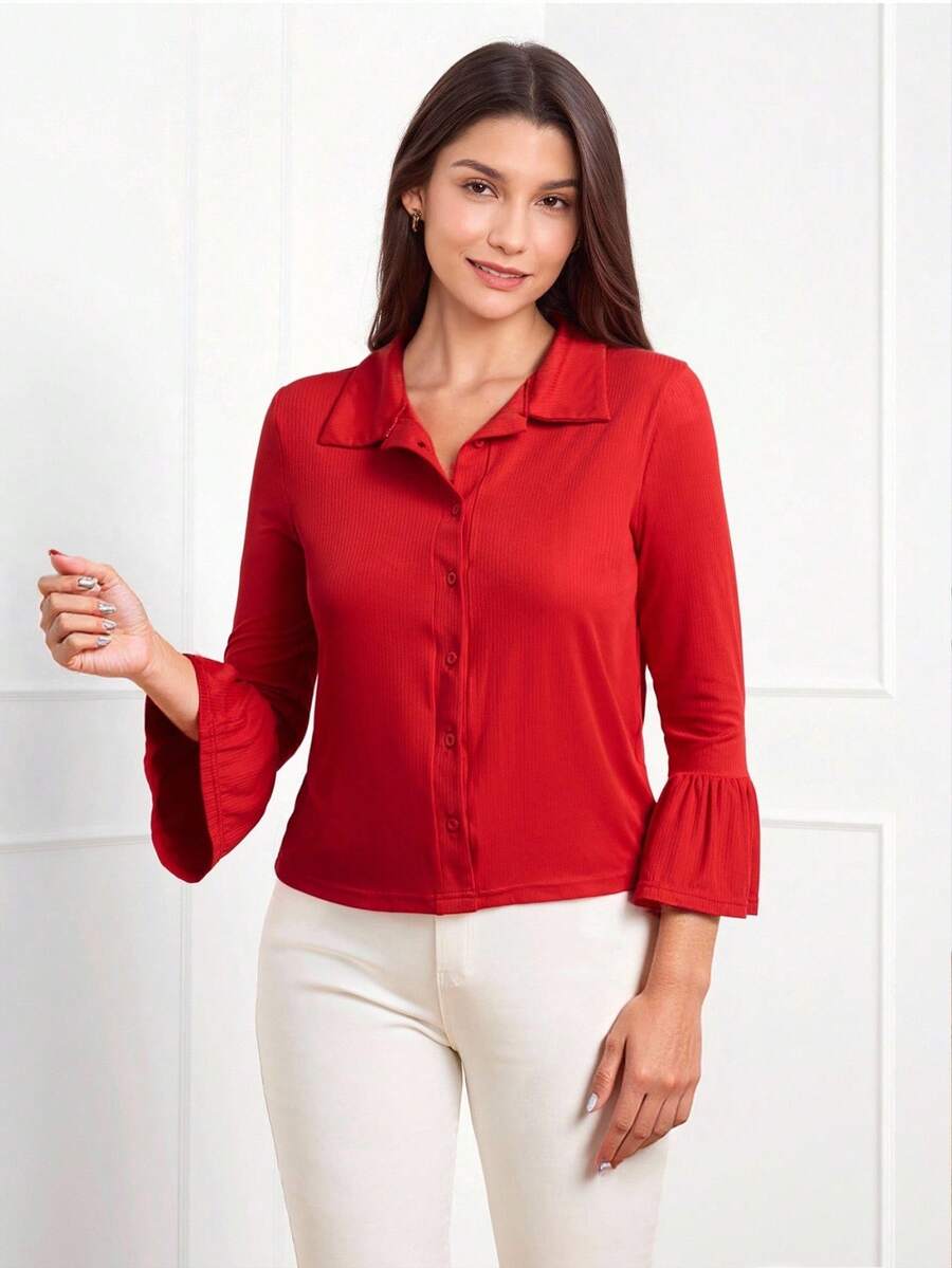 Miaspire Women's Casual Minimalist Solid Color Flared Cuff Button Front T-Shirt - Red - View 1