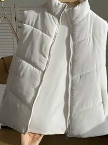 SHEIN 少女蓝绿色夹棉背心，冬季立领拉链不对称渐变短款夹棉夹克