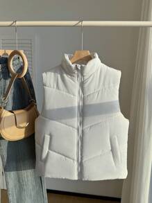 SHEIN 少女蓝绿色夹棉背心，冬季立领拉链不对称渐变短款夹棉夹克