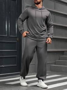 Manfinity Homme 男士纯色简约休闲长袖连帽衫和裤子套装男士运动服套装男士连帽衫和运动裤套装男士慢跑套装休闲两件套男士男士运动服套装，秋季服装 - 深灰色 - 查看 4