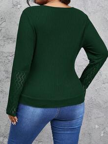 SHEIN Frenchy Plus Size Women's Fall,Solid Color Overlapping V-Neck Ruched Contrast Lace Long Sleeve T-Shirt, Spring & Summer, Fall - Dark Green - View 5
