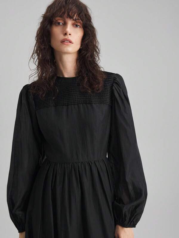 Ontre 2025 New Women's Long Dress, Autumn/Winter, Modern Urban Style, Women's Dress, Black, Waist-Cinched Loose Fit, Round Neck, Business Casual, Commute, Daily Wear, Autumn/Winter, Christmas, Halloween, Holiday, Vacation, Party, Fitted Silhouette, Women's Dress, Urban Chic, Minimalist Elegant Women's Dress, Pleated Design, Woven Fabric, Women's Dress