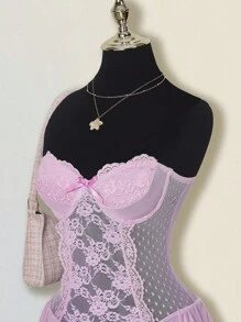 SHEIN ICON 女式性感蕾丝拼布蝴蝶结装饰迷你连衣裙 - 淺粉色 - 查看 5