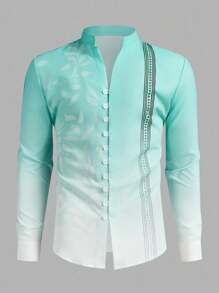 Manfinity RSRT Men Gradient Plant Print Stand Collar Long Sleeve Shirt, Men Mint Green Ombre Shirt, Fall - Lime Green - View 2