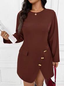 SHEIN Frenchy Robe évasée élégante et minimaliste avec boucle métallique rouge, grande taille. Convient pour le bureau, les déplacements, les fêtes, les rassemblements, le Nouvel An, Noël - Tabac - Voir 1