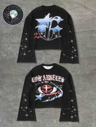 Street Life Men's Fashion Eye & Letter Print Rhinestone Embellished T-Shirt